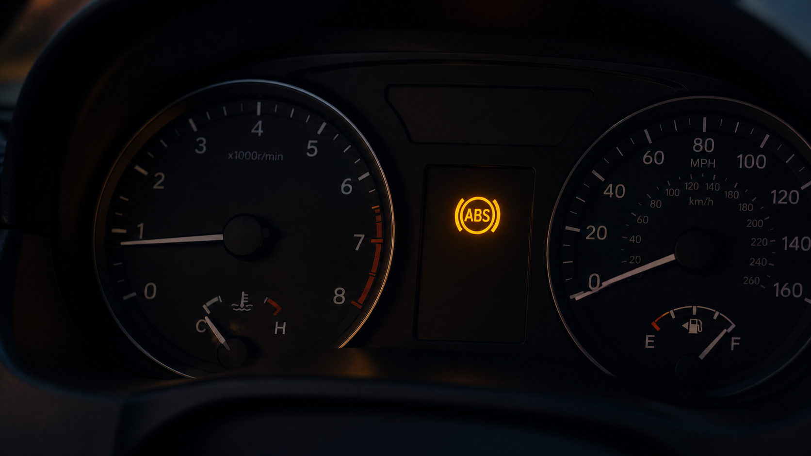 A vehicle instrument cluster with an illuminated amber ABS warning symbol.