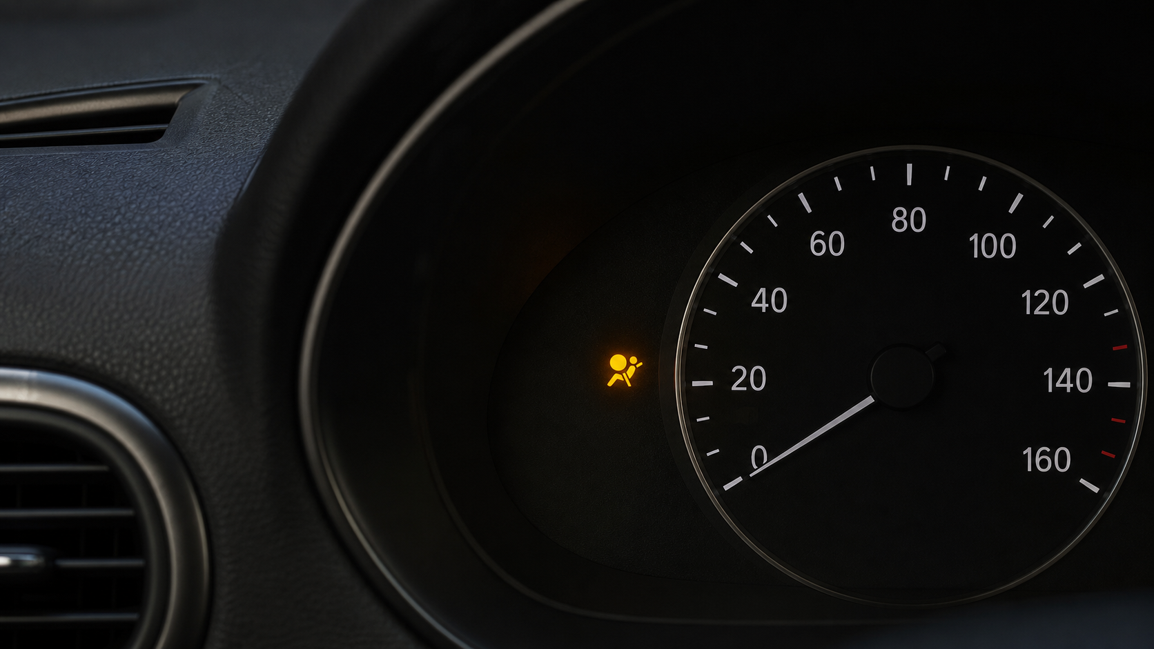 A vehicle instrument cluster with an amber airbag warning symbol.