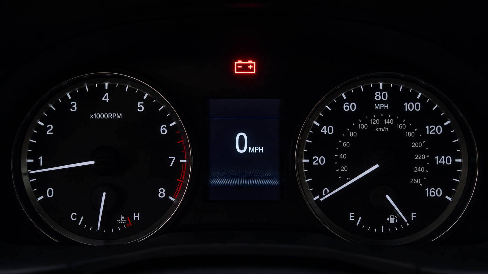 A vehicle instrument cluster with a red battery charging-system warning symbol.