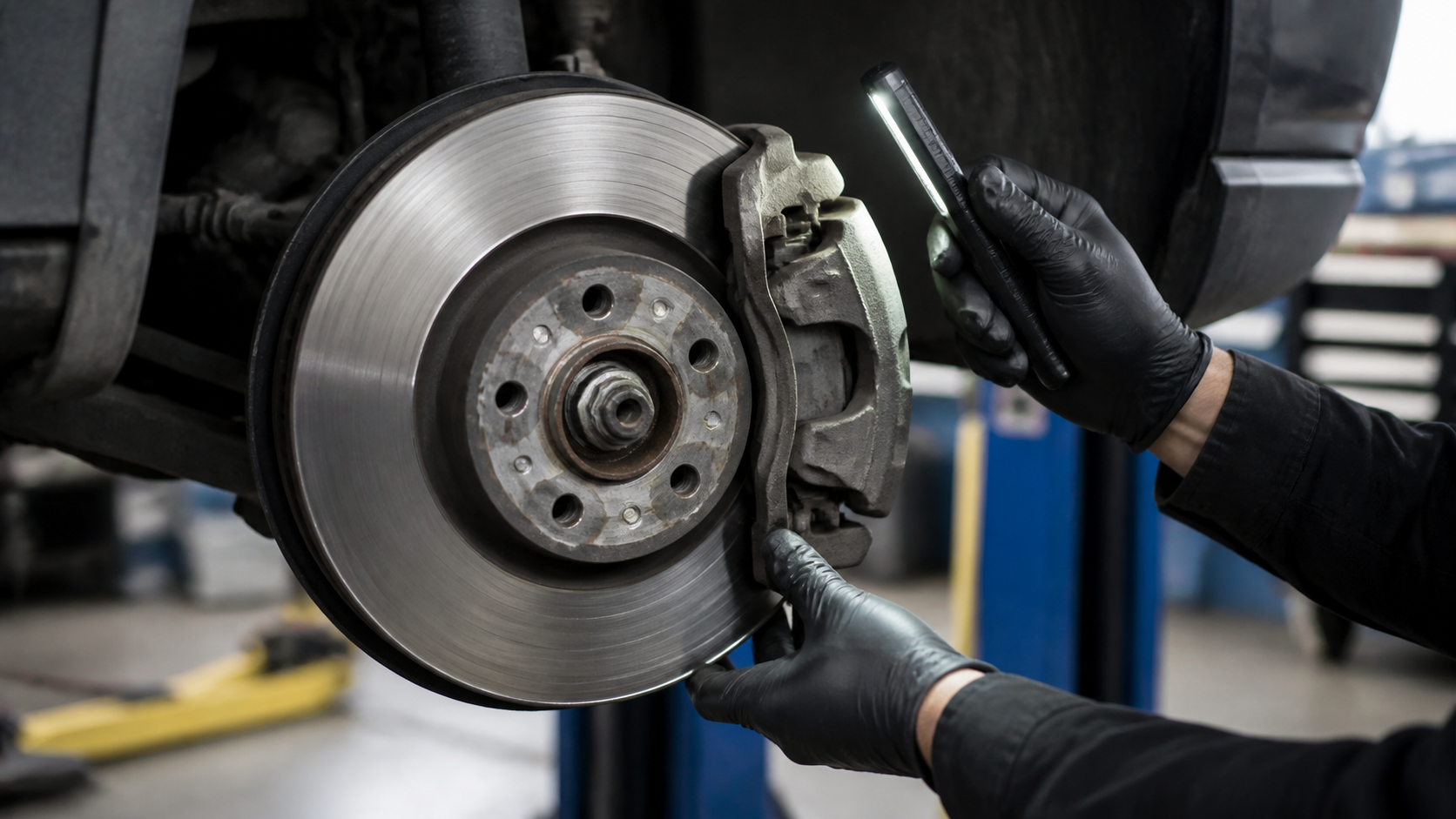 A brake rotor, caliper, and pads being inspected with an inspection light.