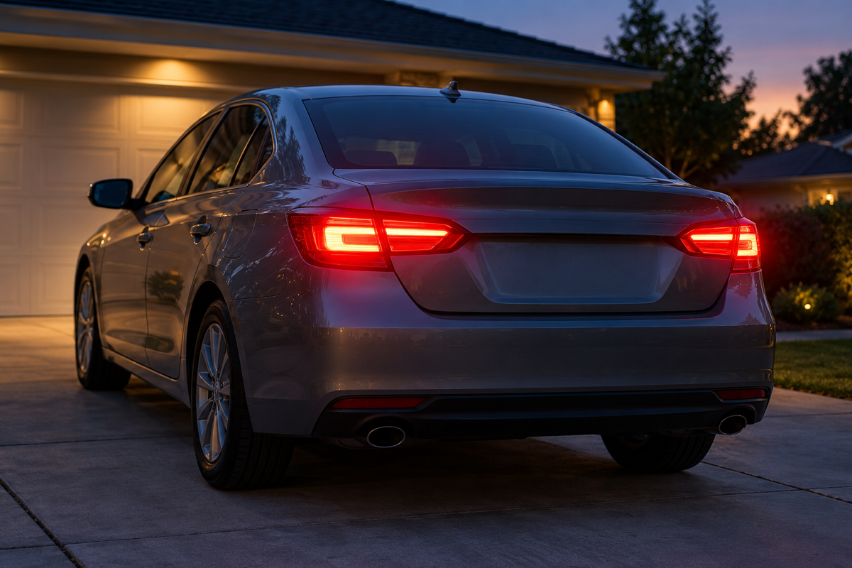 Rear brake lamps illuminated on a parked sedan in a driveway at dusk.