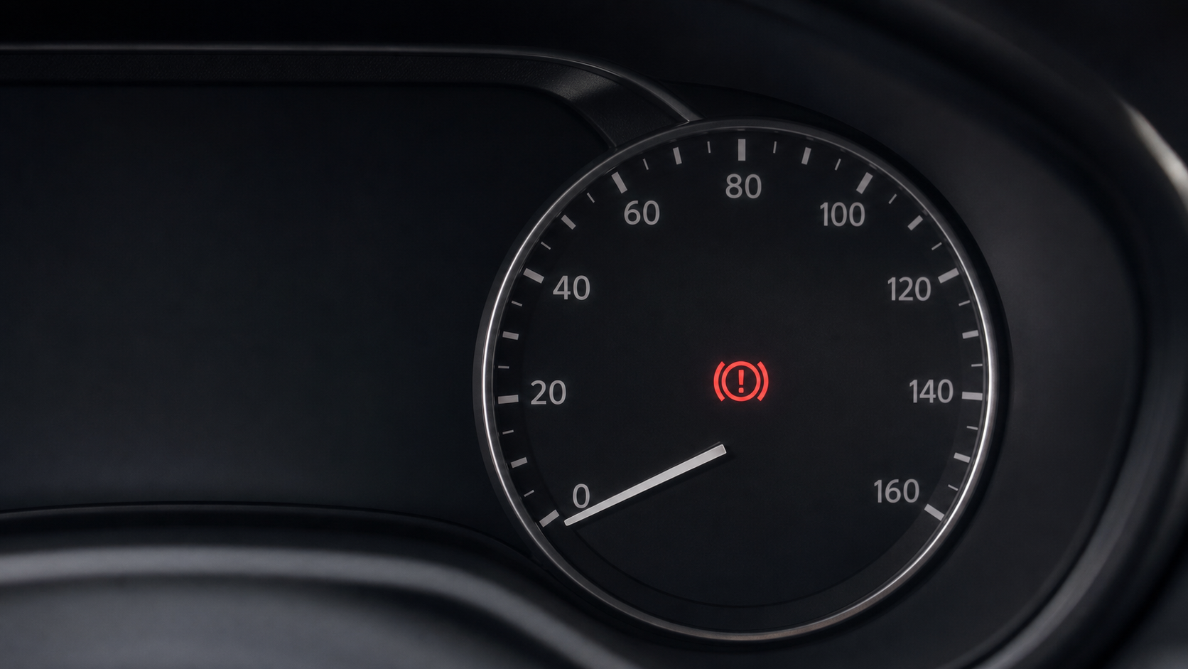 A vehicle instrument cluster with a red brake warning symbol.