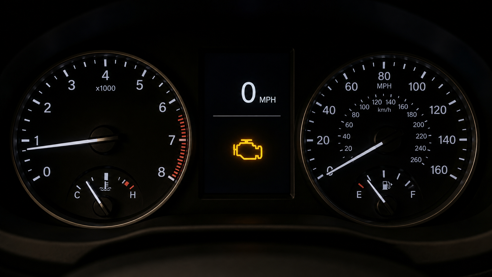A vehicle instrument cluster with a steady amber check-engine symbol.