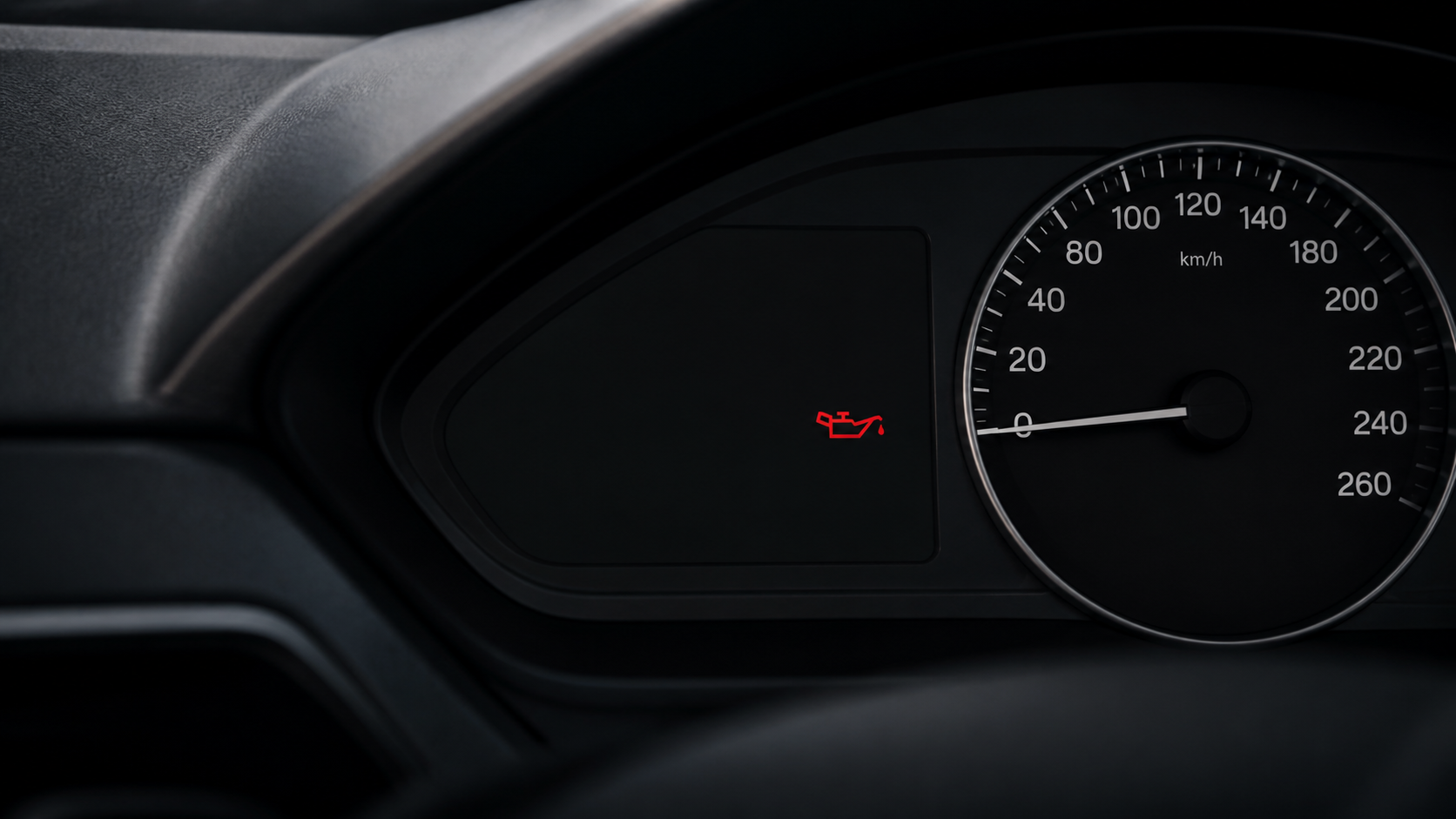 A vehicle instrument cluster with a red oil-pressure warning symbol.