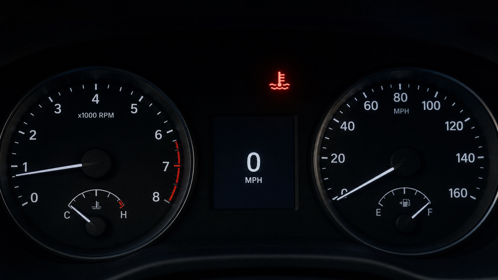 A vehicle instrument cluster with a temperature warning symbol.