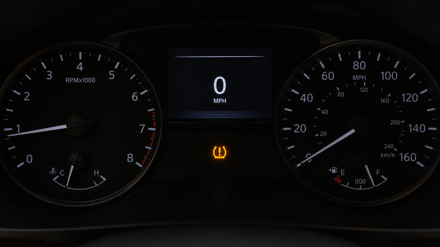 A vehicle instrument cluster with an amber tire-pressure warning symbol.