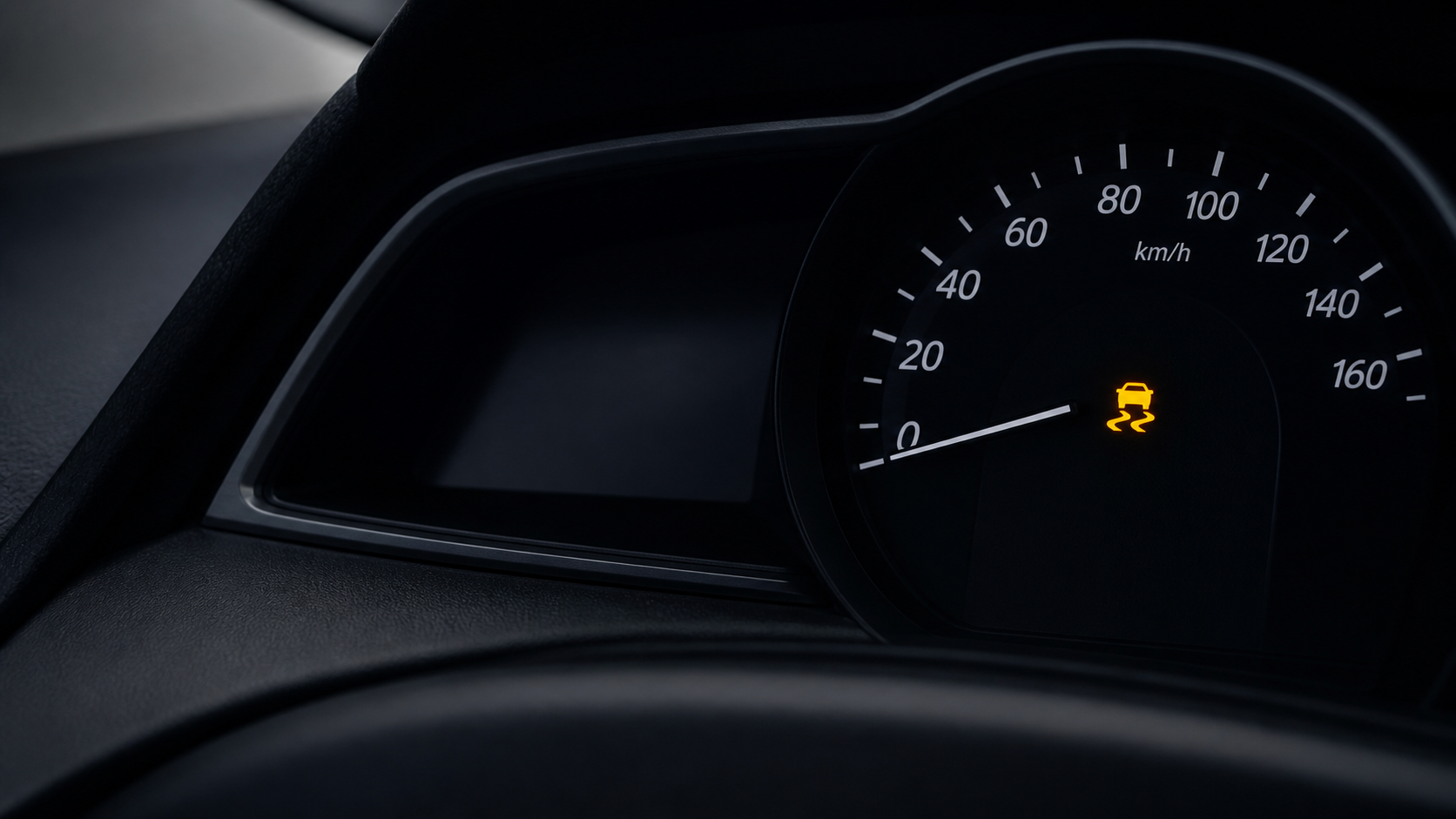 A vehicle instrument cluster with an amber traction-control warning symbol.