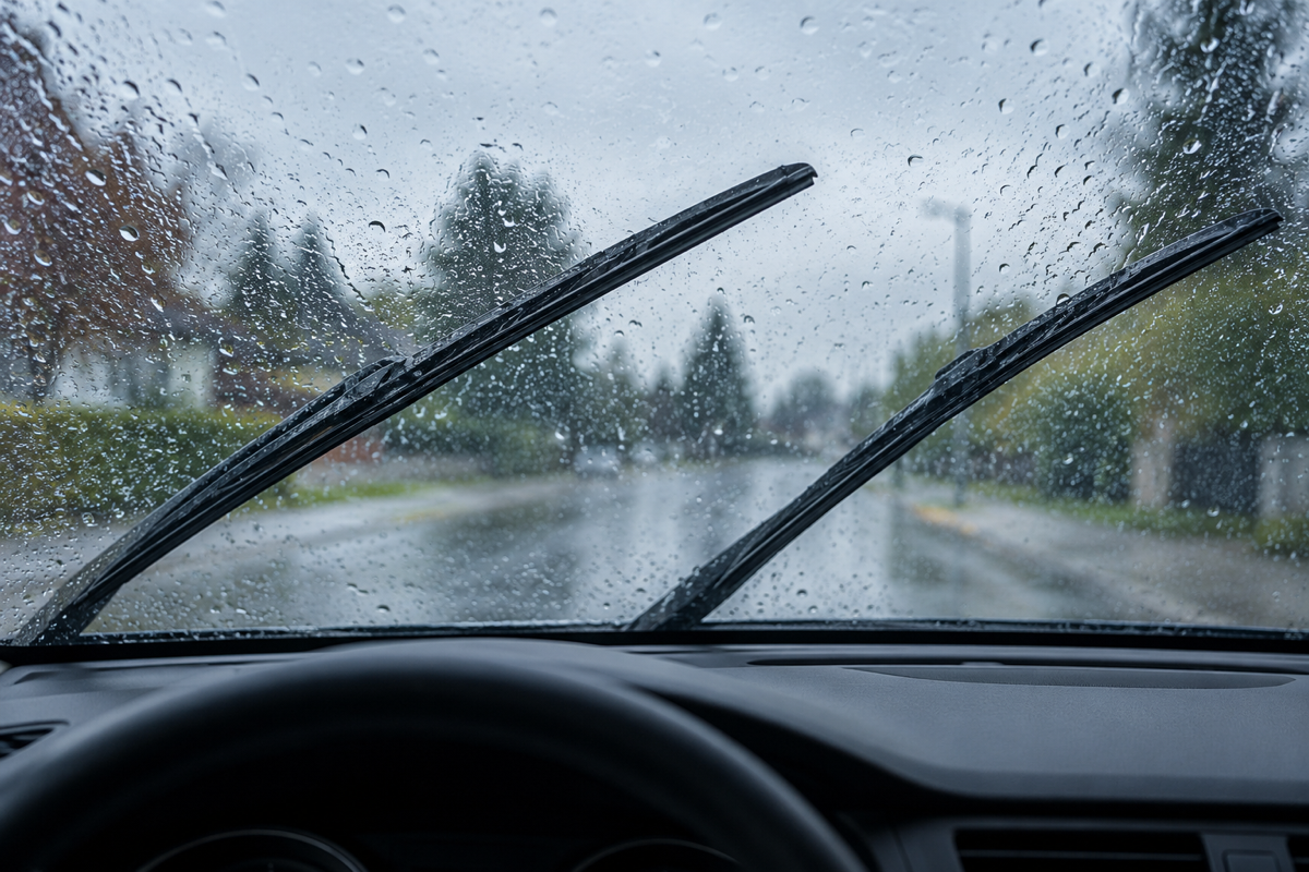 Stationary windshield wiper blades on a rain-covered windshield viewed from inside a car.