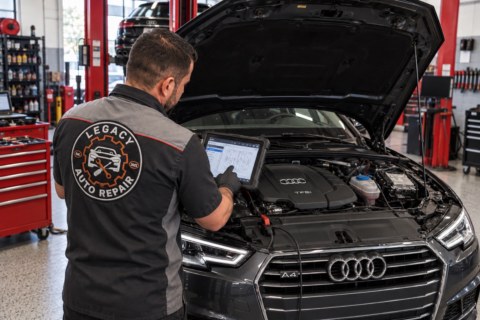 Illustrative image of a Legacy-uniformed technician reviewing electrical diagnostic information on an Audi.