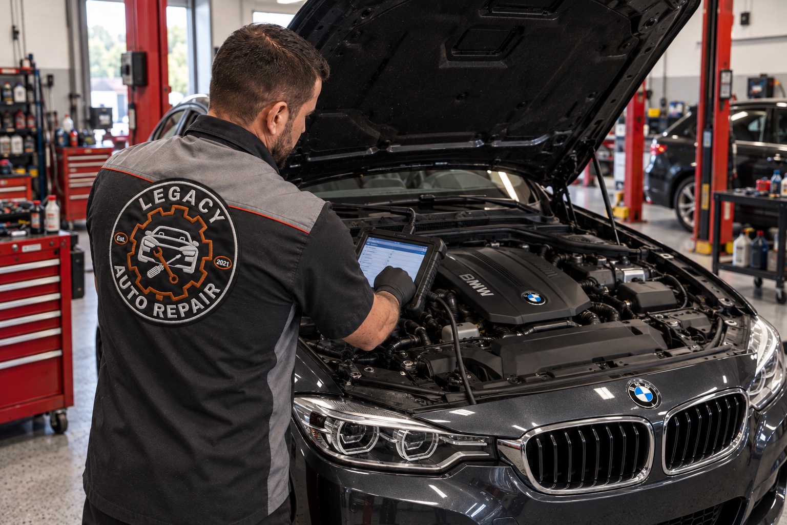 Illustrative image of a Legacy-uniformed technician assessing a BMW engine with a diagnostic tablet.