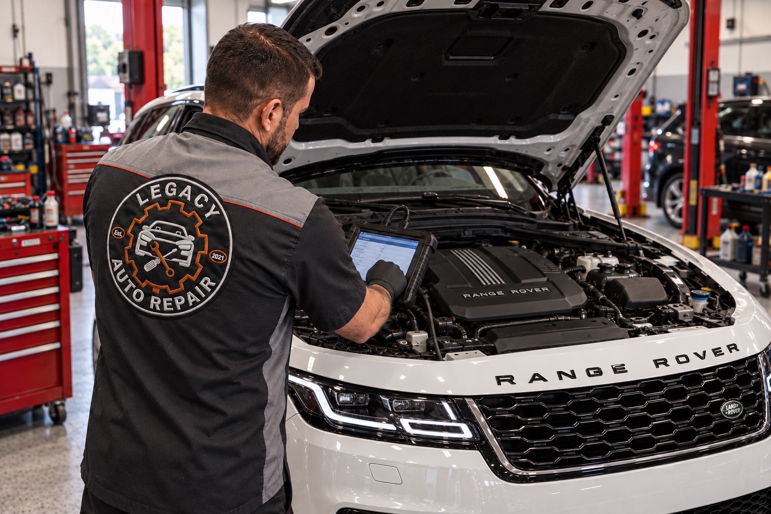 Illustrative image of a Legacy Auto Repair technician diagnosing a white Range Rover Velar with its hood open and front bumper intact.