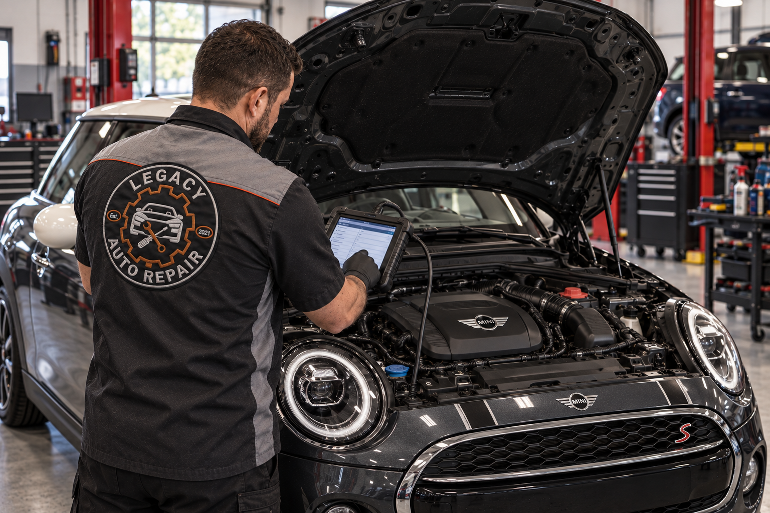 Illustrative image of a Legacy-uniformed technician inspecting a MINI in a service bay.