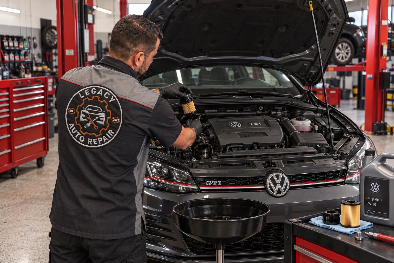 Illustrative image of a Legacy-uniformed technician performing Volkswagen engine maintenance.