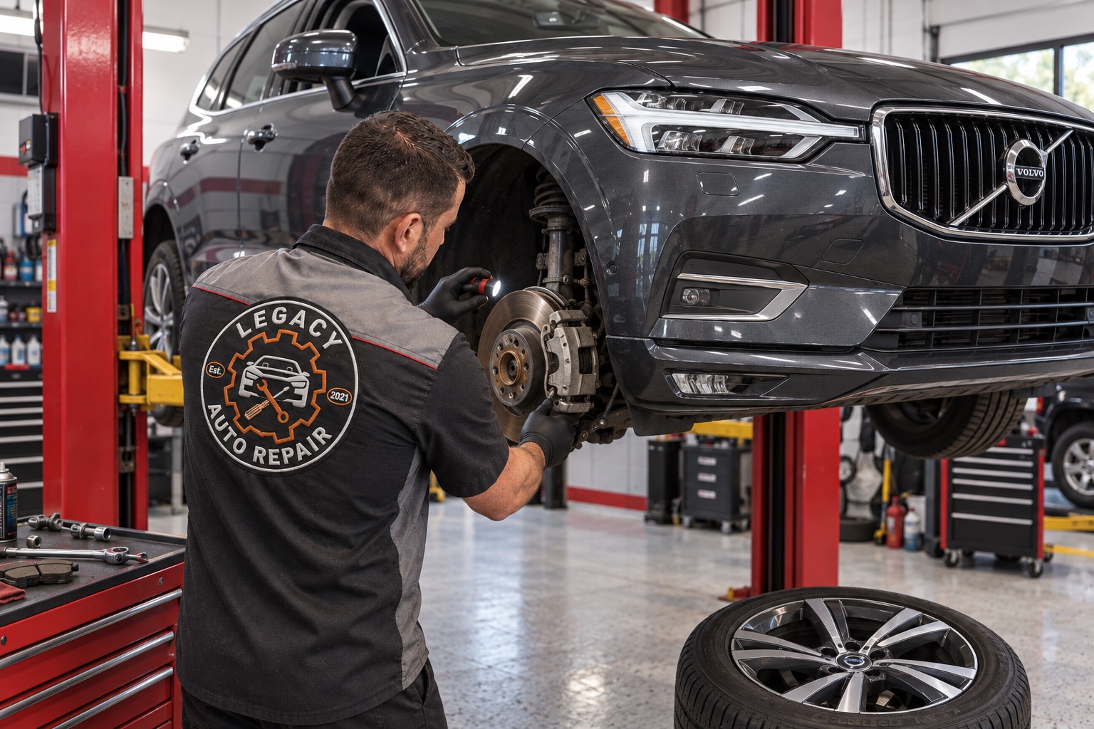 Illustrative image of a Legacy-uniformed technician inspecting the brakes and suspension of a Volvo SUV.
