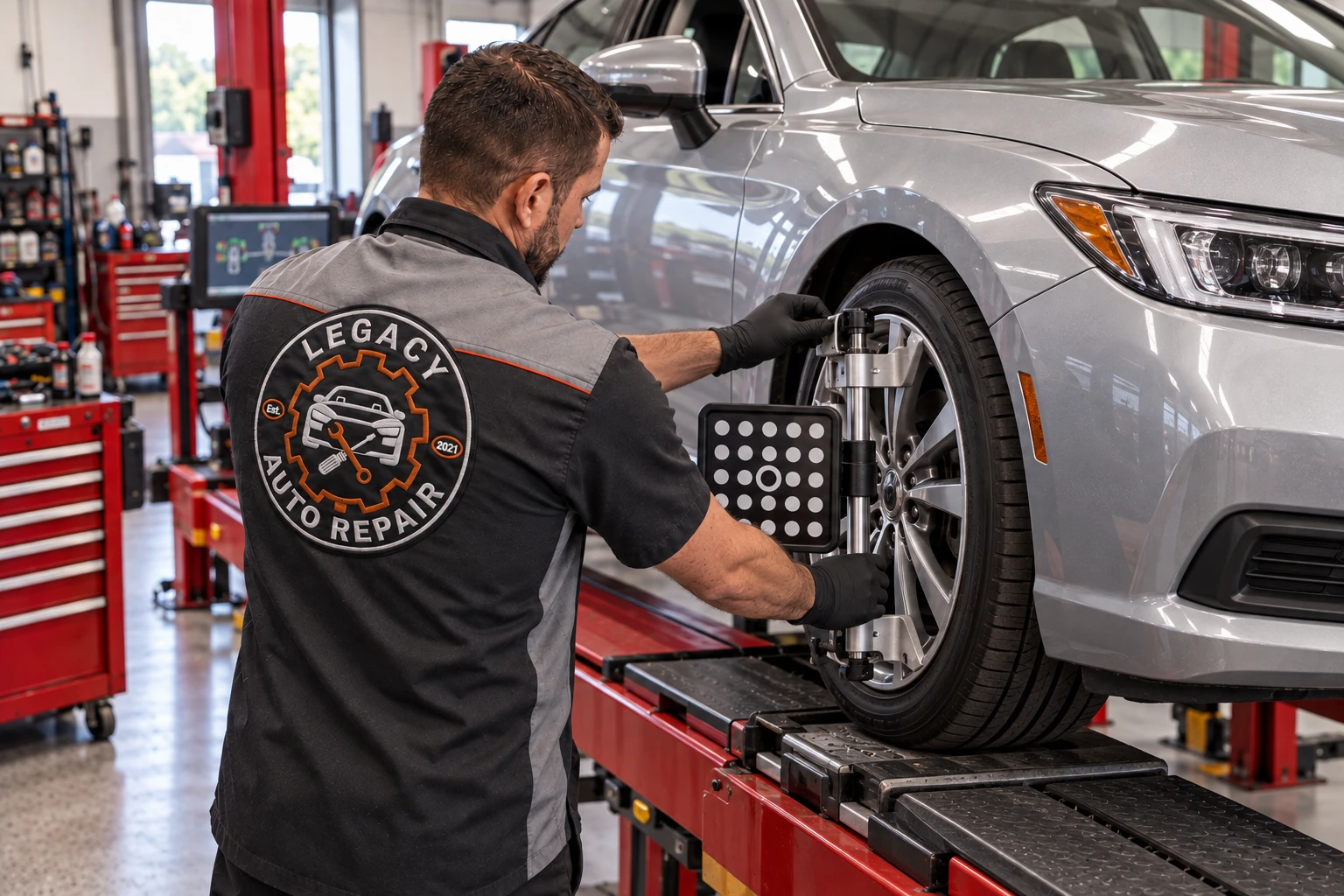 Illustrative view of a Legacy-uniformed technician checking a wheel-alignment target on a vehicle's front wheel.