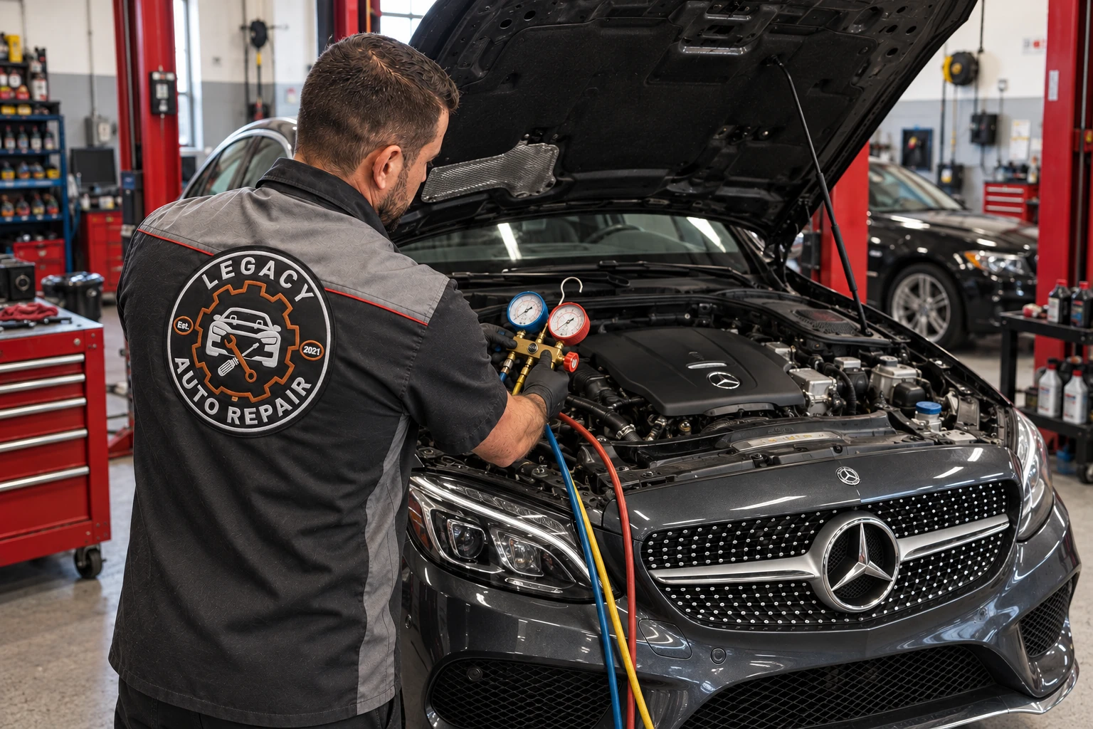 Illustrative view of a Legacy-uniformed technician checking an automotive air-conditioning system with manifold gauges.