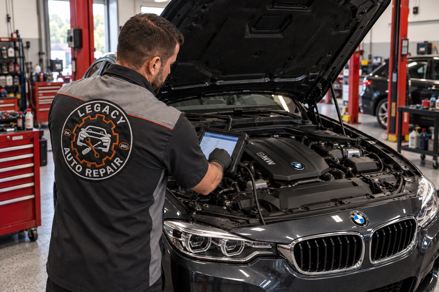 Illustrative view of a Legacy-uniformed technician using a diagnostic tablet beside a vehicle's engine bay.