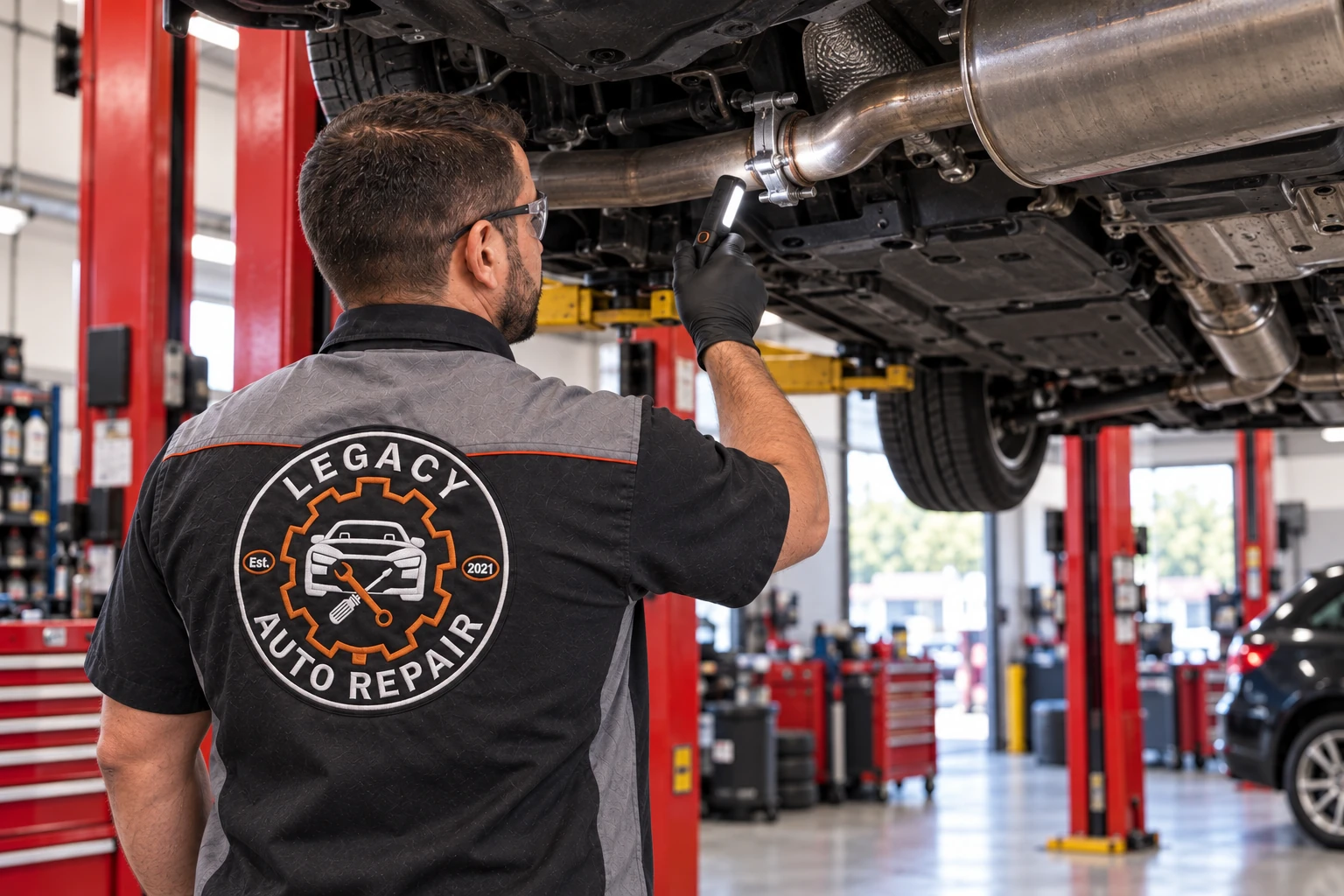 Illustrative view of a Legacy-uniformed technician inspecting a muffler and exhaust pipe beneath a lifted vehicle.