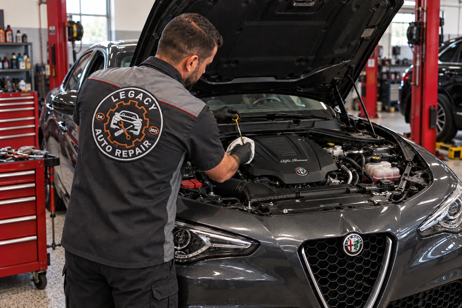Illustrative view of a Legacy-uniformed technician checking a vehicle's engine oil during an under-hood inspection.