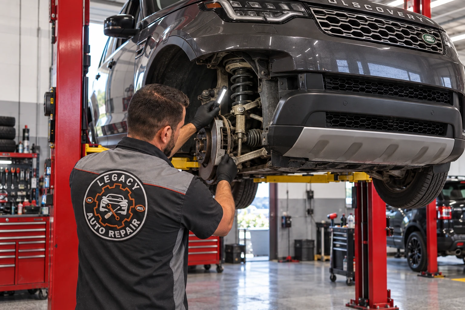 Illustrative view of a Legacy-uniformed technician inspecting the exposed suspension of a lifted SUV.