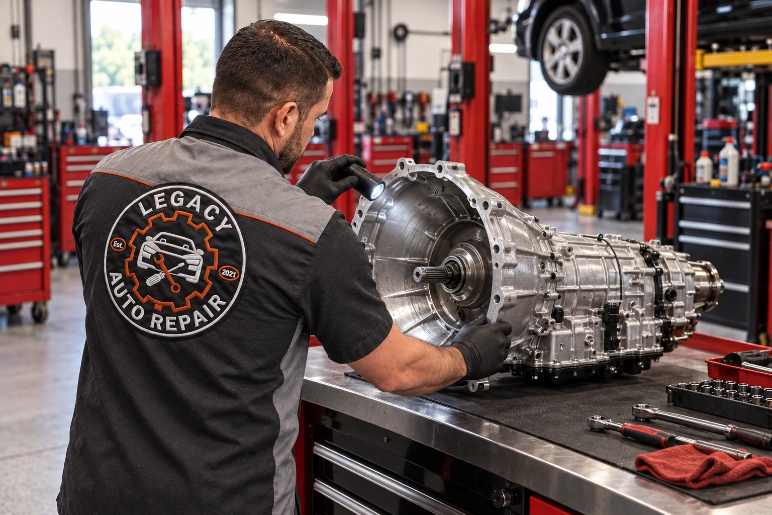 Illustrative view of a Legacy-uniformed technician inspecting a transmission assembly on a workbench.